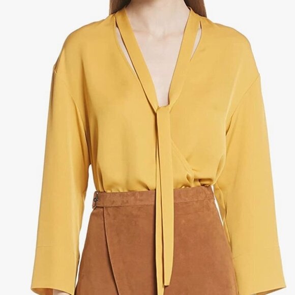 Theory Womens Mustard Yellow 100% Silk Tie Neck Faux Wrap Blouse Size Large - Picture 1 of 7